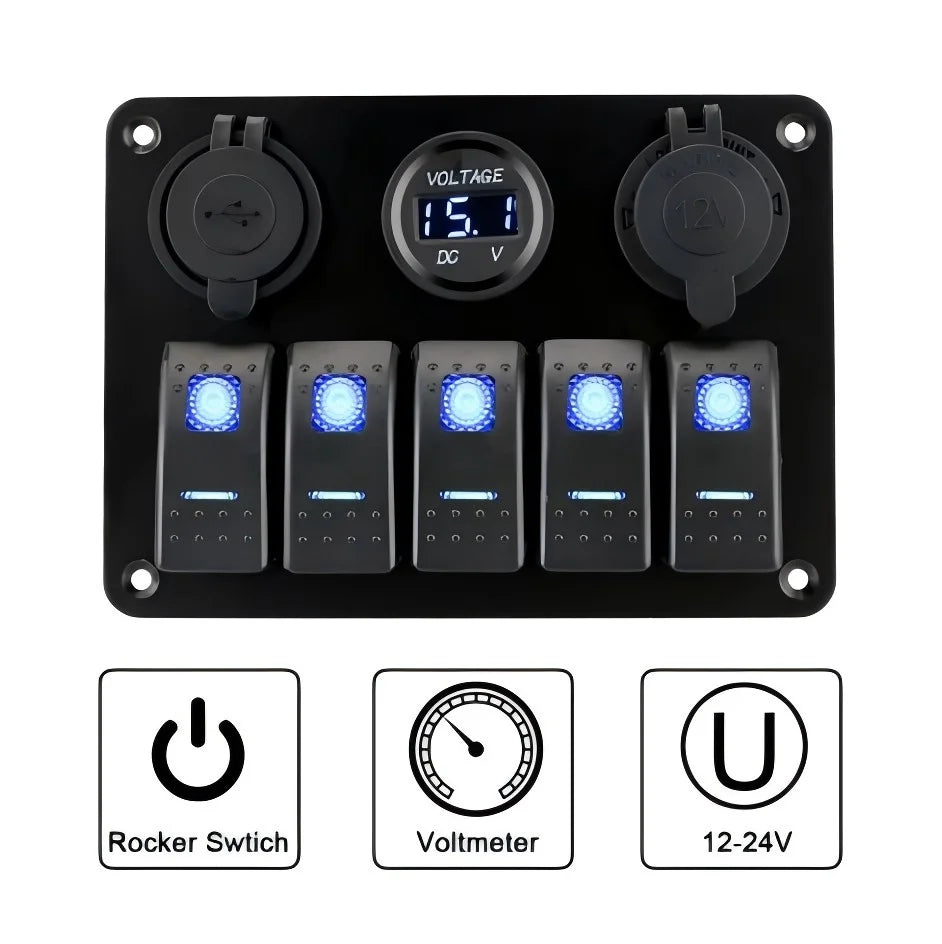 5 Gang Combination Dual USB Socket Waterproof 12/24V LED Rocker Switch Panel with Digital Voltage Display On-Off Includes Fuse