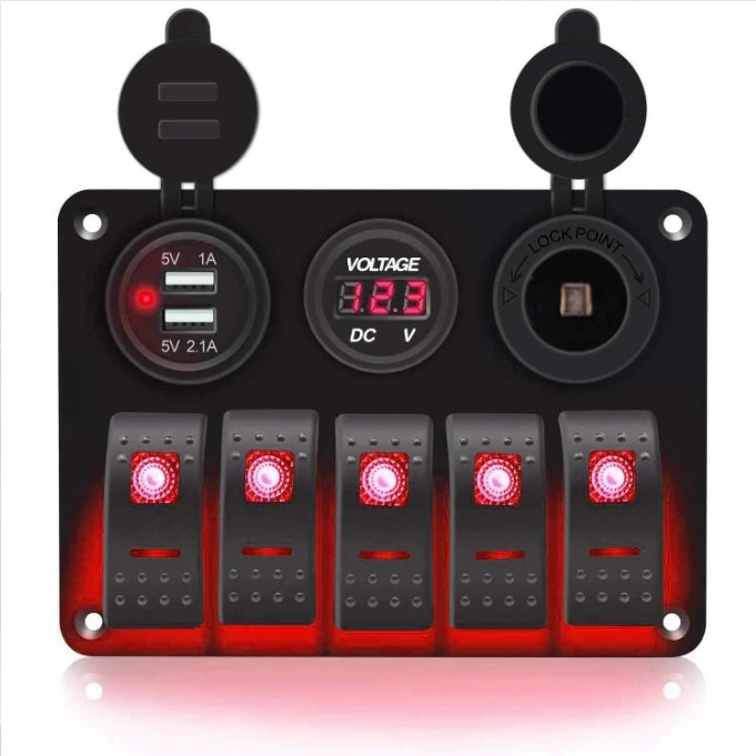 5 Gang Combination Dual USB Socket Waterproof 12/24V LED Rocker Switch Panel with Digital Voltage Display On-Off Includes Fuse
