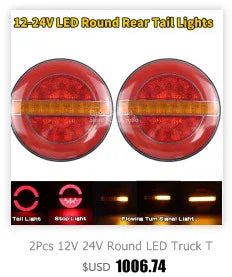 12V 24V Truck Rear Lights Trailer Tail Light Dynamic Running Turn Signal Brake Reversing Light Caravan Round LED Taillight