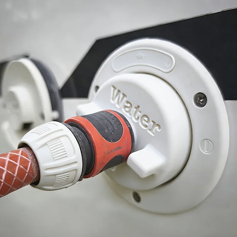 RV water tank adapter with practical water filling function, built-in quick hose connector and O-ring seal design.