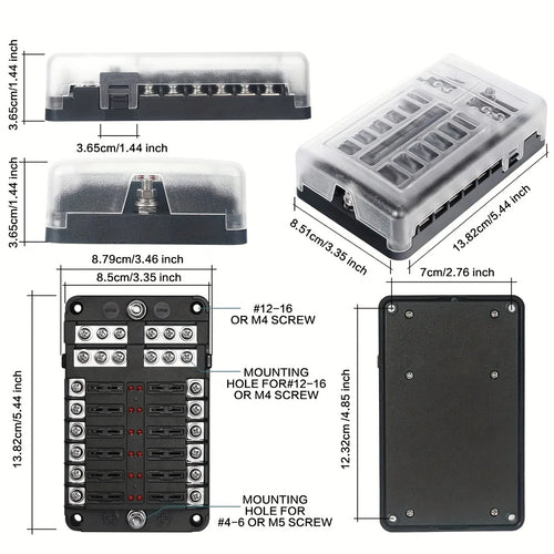 12V fuse box with LED warning light, suitable for cars, boats, RVs, trucks, DC 12-24V, with 5A, 10A, 15A, 20A fuses