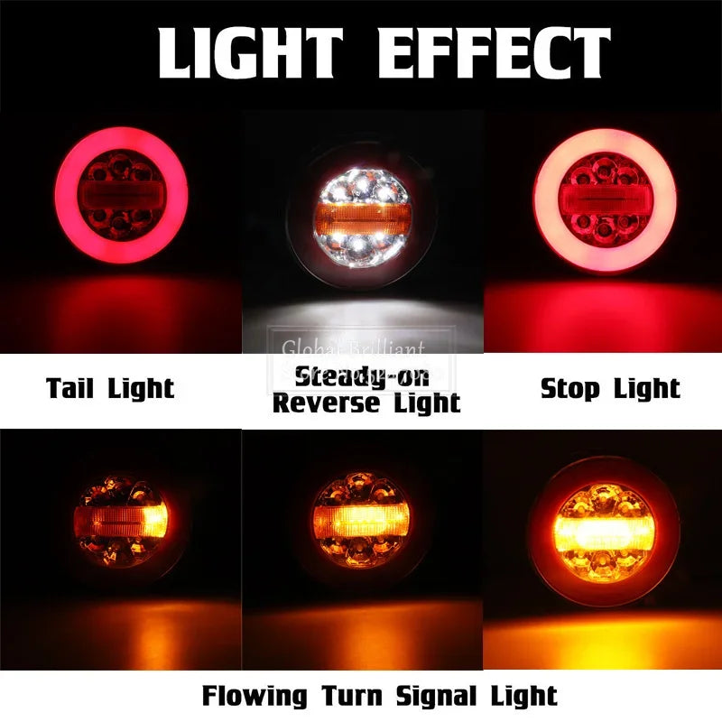 12V 24V Truck Rear Lights Trailer Tail Light Dynamic Running Turn Signal Brake Reversing Light Caravan Round LED Taillight