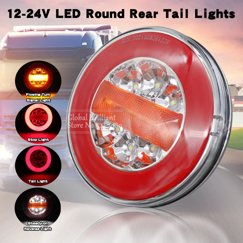 12V 24V Truck Rear Lights Trailer Tail Light Dynamic Running Turn Signal Brake Reversing Light Caravan Round LED Taillight