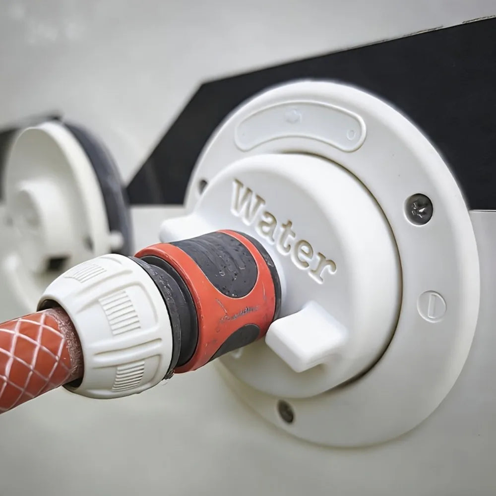 RV water tank adapter with practical water filling function, built-in quick hose connector and O-ring seal design.
