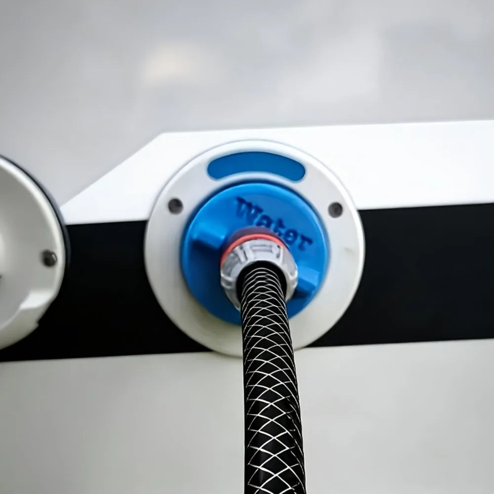 RV water tank adapter with practical water filling function, built-in quick hose connector and O-ring seal design.