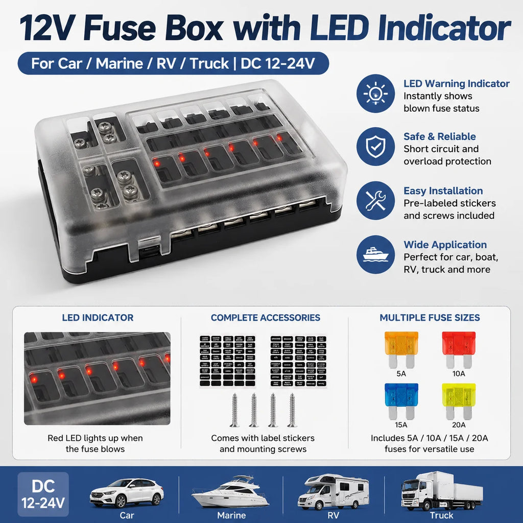 12V fuse box with LED warning light, suitable for cars, boats, RVs, trucks, DC 12-24V, with 5A, 10A, 15A, 20A fuses