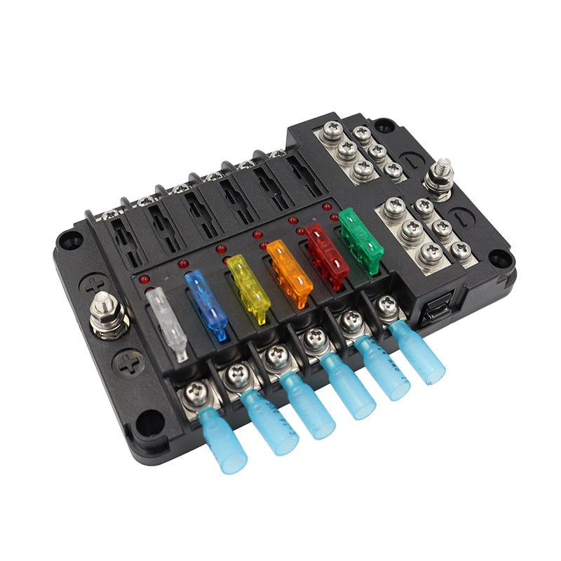 12V fuse box with LED warning light, suitable for cars, boats, RVs, trucks, DC 12-24V, with 5A, 10A, 15A, 20A fuses